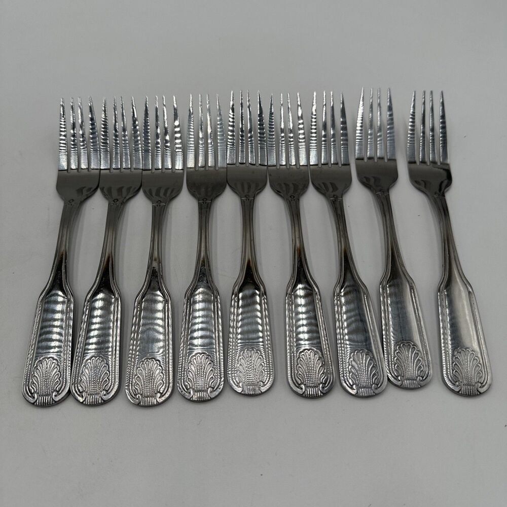 Winco Toulouse Dinner Fork Glossy Stainless Steel Shell Pattern Set 9 PCs 7.3/8”